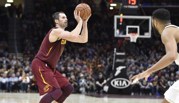 Nov 1, 2017; Cleveland, OH, USA; Cleveland Cavaliers forward Kevin Love (0) attempts a three-point shot in the fourth quarter against the Indiana Pacers at Quicken Loans Arena. Photo Credit: David Richard-USA TODAY Sports