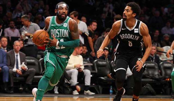 Nov 14, 2017; Brooklyn, NY, USA; Boston Celtics point guard Kyrie Irving (11) drives against Brooklyn Nets point guard Spencer Dinwiddie (8) during the third quarter at Barclays Center. Photo Credit: Brad Penner-USA TODAY Sports