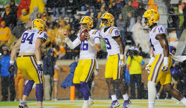 Nov 18, 2017; Knoxville, TN, USA; LSU Tigers quarterback Danny Etling (16) celebrates after scoring a touchdown in the second quarter against the Tennessee Volunteers at Neyland Stadium. Photo Credit: Randy Sartin-USA TODAY Sports