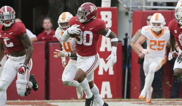 Oct 21, 2017; Tuscaloosa, AL, USA; Alabama Crimson Tide linebacker Mack Wilson (30) returns an interception that he made late in the fourth quarter against Tennessee Volunteers at Bryant-Denny Stadium. Photo Credit: Marvin Gentry-USA TODAY Sports