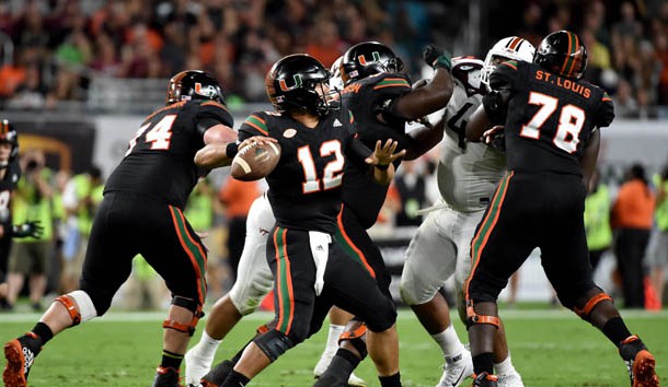 Nov 4, 2017; Miami Gardens, FL, USA; Miami Hurricanes quarterback Malik Rosier (12) throws a pass against the Virginia Tech Hokies during the first half at Hard Rock Stadium. Photo Credit: Steve Mitchell-USA TODAY Sports