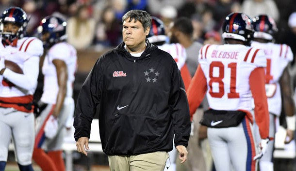 Nov 23, 2017; Starkville, MS, USA;  Mississippi Rebels head coach Matt Luke walks on the field before the game against the Mississippi State Bulldogs at Davis Wade Stadium. Photo Credit: Matt Bush-USA TODAY Sports