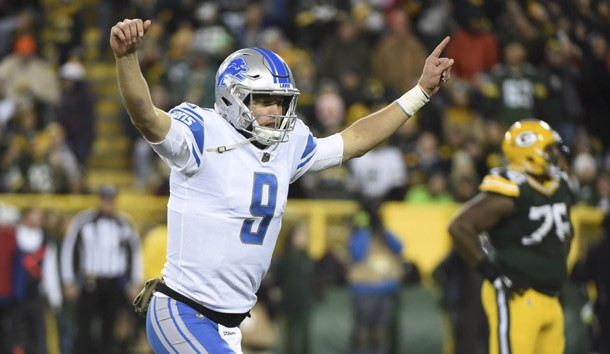 Nov 6, 2017; Green Bay, WI, USA; Detroit Lions quarterback Matthew Stafford celebrates after throwing a touchdown pass in the fourth quarter against the Green Bay Packers at Lambeau Field. Photo Credit: Benny Sieu-USA TODAY Sports