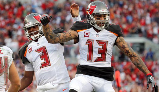 Oct 1, 2017; Tampa, FL, USA; Tampa Bay Buccaneers quarterback Jameis Winston (3) and Tampa Bay Buccaneers wide receiver Mike Evans (13) celebrate against the New York Giants during the first half at Raymond James Stadium. Photo Credit: Kim Klement-USA TODAY Sports
