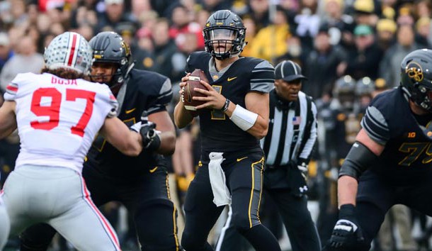 Nov 4, 2017; Iowa City, IA, USA; Iowa Hawkeyes quarterback Nathan Stanley (4) looks to throw a pass during the first quarter against the Ohio State Buckeyes at Kinnick Stadium. Photo Credit: Jeffrey Becker-USA TODAY Sports