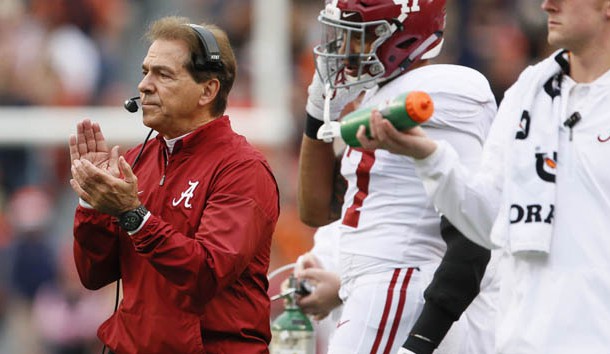 Nov 25, 2017; Auburn, AL, USA; Alabama Crimson Tide head coach Nick Saban reacts during the first quarter against the Auburn Tigers at Jordan-Hare Stadium. Photo Credit: John Reed-USA TODAY Sports