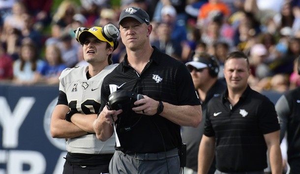 Oct 21, 2017; Annapolis, MD, USA; UCF Knights head coach Scott Frost looks onto the field during the second quarter against the Navy Midshipmen at Navy-Marine Corps Memorial Stadium. Photo Credit: Tommy Gilligan-USA TODAY Sports
