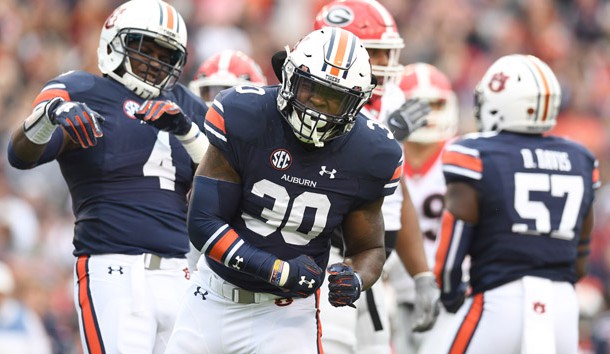 Nov 11, 2017; Auburn, AL, USA; Auburn Tigers linebacker Tre' Williams (30) reacts to a defensive play against the Georgia Bulldogs during the first quarter at Jordan-Hare Stadium. Photo Credit: John David Mercer-USA TODAY Sports