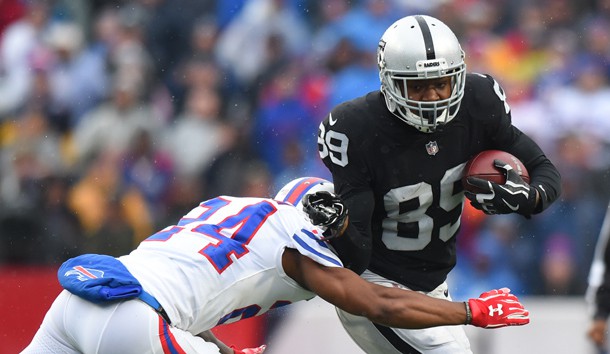 Oct 29, 2017; Orchard Park, NY, USA; Oakland Raiders wide receiver Amari Cooper (89) runs with the ball after a catch as Buffalo Bills defensive back Leonard Johnson (24) defends during the first quarter at New Era Field. Photo Credit: Rich Barnes-USA TODAY Sports