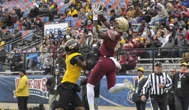 Dec 27, 2017; Shreveport, LA, USA; Florida State Seminoles wide receiver Auden Tate (18) catches a touchdown pass against Southern Miss Golden Eagles defensive back Cornell Armstrong (3) during the second half in the 2017 Independence Bowl at Independence Stadium. Photo Credit: Justin Ford-USA TODAY Sports