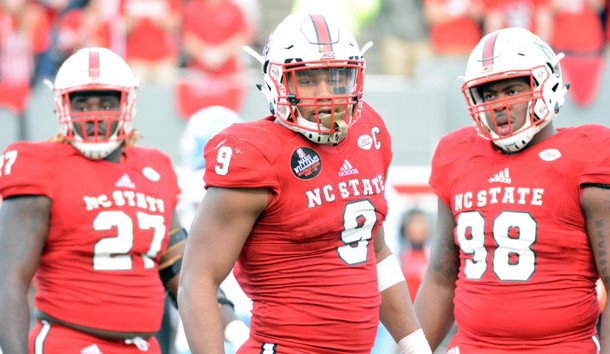 Nov 25, 2017; Raleigh, NC, USA;  North Carolina State Wolfpack defensive end Bradley Chubb (9) looks to the sideline for a play call during the first half against the North Carolina Tar Heels at Carter-Finley Stadium. Photo Credit: Rob Kinnan-USA TODAY Sports