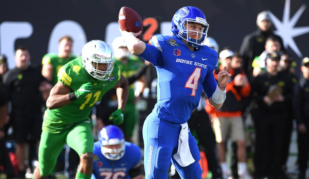 Dec 16, 2017; Las Vegas, NV, USA; Boise Broncos quarterback Brett Rypien (4) throws during the second quarter against the Oregon Ducks in the 2017 Las Vegas Bowl at Sam Boyd Stadium. Photo Credit: Stephen R. Sylvanie-USA TODAY Sports