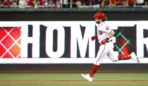 Oct 7, 2017; Washington, DC, USA; Washington Nationals right fielder Bryce Harper (34) hits a 2-RBI home run during the eighth inning in game two of the 2017 NLDS against the Chicago Cubs at Nationals Park. Photo Credit: Geoff Burke-USA TODAY Sports