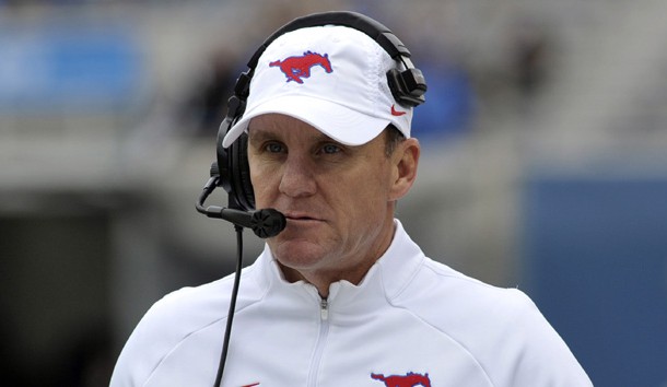 Nov 18, 2017; Memphis, TN, USA; Southern Methodist Mustangs head coach Chad Morris before the game against the Memphis Tigers at Liberty Bowl Memorial Stadium. Photo Credit: Justin Ford-USA TODAY Sports