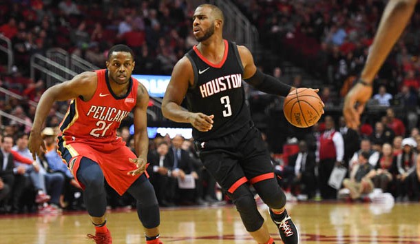 Dec 11, 2017; Houston, TX, USA; Houston Rockets guard Chris Paul (3) drives past New Orleans Pelicans forward Darius Miller (21) during the second quarter at Toyota Center. Photo Credit: Shanna Lockwood-USA TODAY Sports