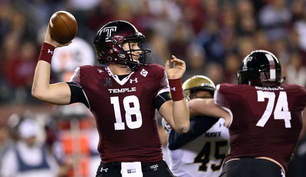 Nov 2, 2017; Philadelphia, PA, USA; Temple Owls quarterback Frank Nutile (18) throws the ball during the third quarter against the Navy Midshipmen at Lincoln Financial Field. Photo Credit: Derik Hamilton-USA TODAY Sports