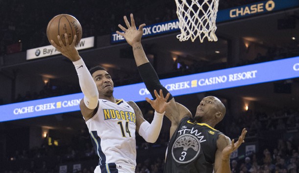 December 23, 2017; Oakland, CA, USA; Denver Nuggets guard Gary Harris (14) shoots the basketball against Golden State Warriors forward David West (3) during the second quarter at Oracle Arena. Photo Credit: Kyle Terada-USA TODAY Sports