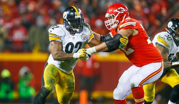 Jan 15, 2017; Kansas City, MO, USA; Pittsburgh Steelers linebacker James Harrison (92) rushes against Kansas City Chiefs offensive tackle Eric Fisher (72) during the second half in the AFC Divisional playoff game at Arrowhead Stadium. The Steelers won 18-16. Photo Credit: Jay Biggerstaff-USA TODAY Sports