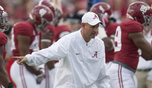 Sep 16, 2017; Tuscaloosa, AL, USA; Alabama Crimson Tide defensive coordinator Jeremy Pruitt during warm ups prior to the game against Colorado State Rams at Bryant-Denny Stadium. Photo Credit: Marvin Gentry-USA TODAY Sports