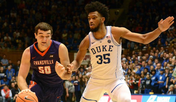 Dec 20, 2017; Durham, NC, USA; Evansville Purple Aces guard Blake Simmons (50) drives to the basket as Duke Blue Devils forward Marvin Bagley III (35) defends during the second half at Cameron Indoor Stadium. Photo Credit: Rob Kinnan-USA TODAY Sports