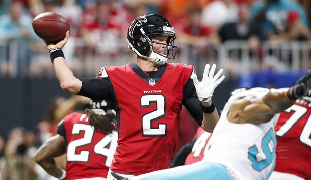 Oct 15, 2017; Atlanta, GA, USA; Atlanta Falcons quarterback Matt Ryan (2) throws a pass against the Miami Dolphins in the first quarter at Mercedes-Benz Stadium. Photo Credit: Brett Davis-USA TODAY Sports