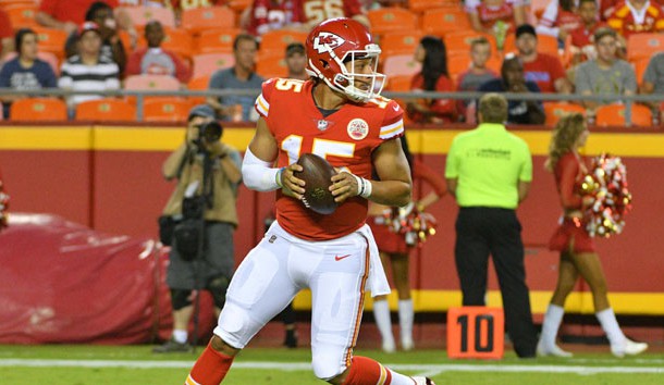 Aug 31, 2017; Kansas City, MO, USA; Kansas City Chiefs quarterback Patrick Mahomes (15) drops back to pass in the first half against the Tennessee Titans at Arrowhead Stadium. Photo Credit: Denny Medley-USA TODAY Sports
