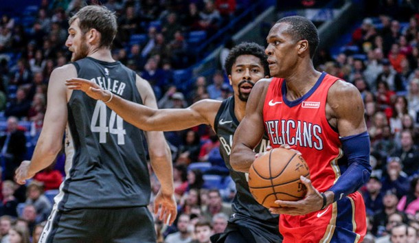 Dec 27, 2017; New Orleans, LA, USA; New Orleans Pelicans guard Rajon Rondo (9) looks to pass against the Brooklyn Nets during the second half at the Smoothie King Center. The Pelicans defeated the Nets 128-113. Photo Credit: Derick E. Hingle-USA TODAY Sports