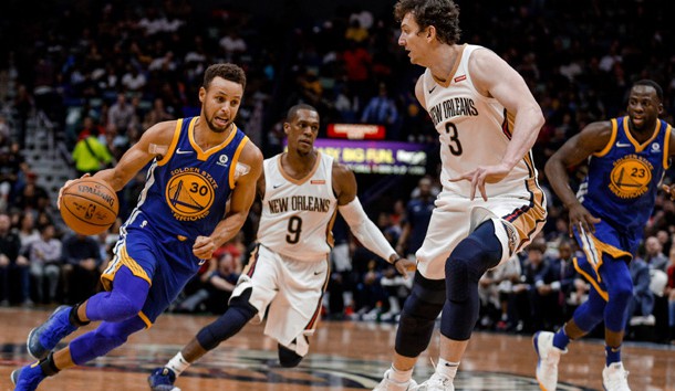 Dec 4, 2017; New Orleans, LA, USA; Golden State Warriors guard Stephen Curry (30) drives past New Orleans Pelicans center Omer Asik (3) during the second quarter at the Smoothie King Center. Photo Credit: Derick E. Hingle-USA TODAY Sports