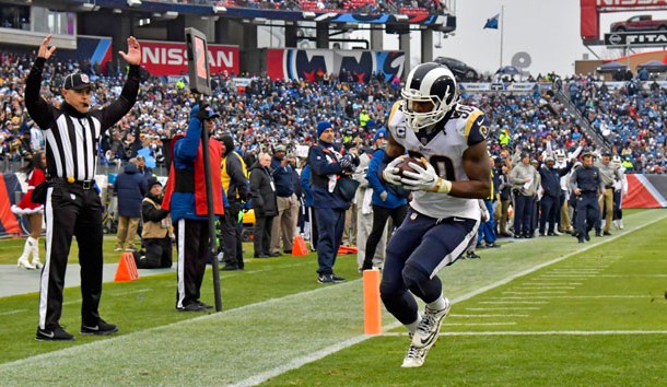 Dec 24, 2017; Nashville, TN, USA; Los Angeles Rams running back Todd Gurley (30) catches a pass and rushes for a touchdown against the Tennessee Titans during the first half at Nissan Stadium. Photo Credit: Jim Brown-USA TODAY Sports