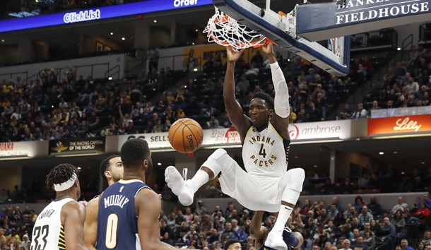 Dec 10, 2017; Indianapolis, IN, USA; Indiana Pacers guard Victor Oladipo (4) dunks against the Denver Nuggets during the 3rd quarter at Bankers Life Fieldhouse. Photo Credit: Brian Spurlock-USA TODAY Sports