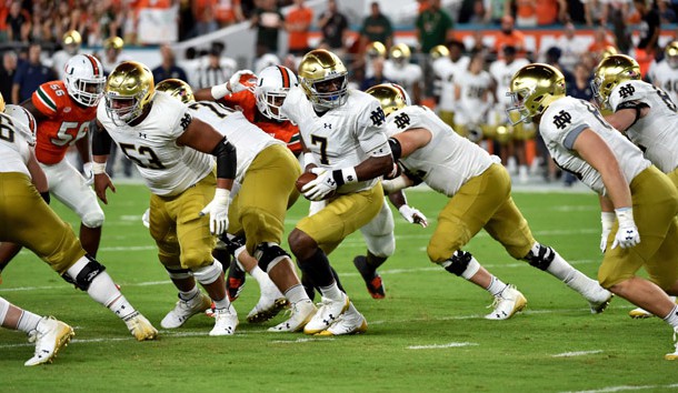 Nov 11, 2017; Miami Gardens, FL, USA; Notre Dame Fighting Irish quarterback Brandon Wimbush (7) drops back during a game against Miami Hurricanes at Hard Rock Stadium. Photo Credit: Steve Mitchell-USA TODAY Sports