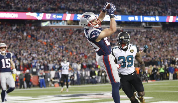 Jan 21, 2018; Foxborough, MA, USA; New England Patriots wide receiver Danny Amendola (80) catches a touchdown pass ahead of Jacksonville Jaguars free safety Tashaun Gipson (39) during the fourth quarter in the AFC Championship Game at Gillette Stadium. Photo Credit: Greg M. Cooper-USA TODAY Sports