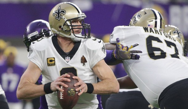 Jan 14, 2018; Minneapolis, MN, USA; New Orleans Saints quarterback Drew Brees (9) drops back to pass against the Minnesota Vikings in the first half of the NFC Divisional Playoff football game at U.S. Bank Stadium. Photo Credit: Brad Rempel-USA TODAY Sports