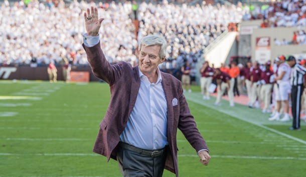 Sep 23, 2017; Blacksburg, VA, USA; Longtime Virginia Tech Hokies head coach Frank Beamer waves to the crowd after the fourth quarter against the Old Dominion Monarchs at Lane Stadium. Photo Credit: Lee Luther Jr.-USA TODAY Sports