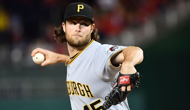Sep 29, 2017; Washington, DC, USA; Pittsburgh Pirates starting pitcher Gerrit Cole (45) throws to the Washington Nationals during the first inning at Nationals Park. Photo Credit: Brad Mills-USA TODAY Sports