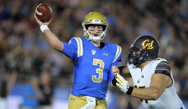 Nov 24, 2017; Pasadena, CA, USA; UCLA Bruins quarterback Josh Rosen (3) throws a pass under pressure from California Golden Bears guard Tony Mekari (97)  in the second quarter during an NCAA football game at Rose Bowl. Photo Credit: Kirby Lee-USA TODAY Sports