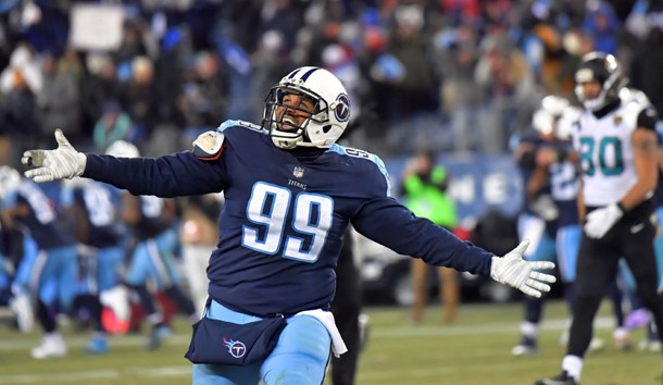 Dec 31, 2017; Nashville, TN, USA; Tennessee Titans defensive end Jurrell Casey (99) reacts after teammate  Titans free safety Kevin Byard (31) intercepts a pass to end the game and give the Titans the win against the Jacksonville Jaguars during the second half at Nissan Stadium. Tennessee won 15-10. Photo Credit: Jim Brown-USA TODAY Sports