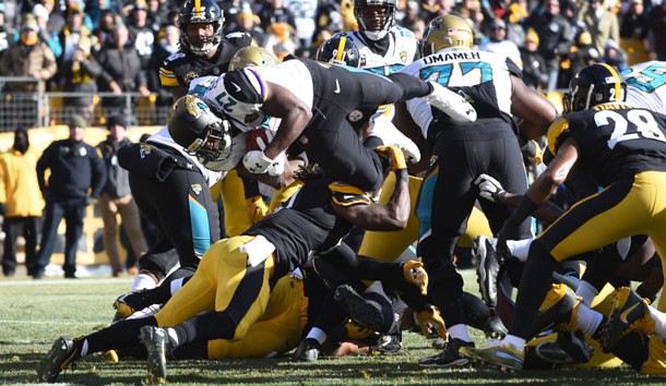 Jan 14, 2018; Pittsburgh, PA, USA; Jacksonville Jaguars running back Leonard Fournette (27) scores a touchdown during the first quarter in the AFC Divisional Playoff game against the Pittsburgh Steelers at Heinz Field. Photo Credit: Philip G. Pavely-USA TODAY Sports
