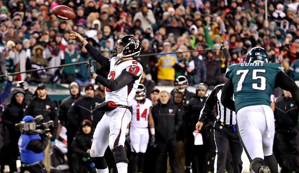 Jan 13, 2018; Philadelphia, PA, USA; Atlanta Falcons quarterback Matt Ryan (2) throws a pass at the end of the fourth quarter against the Philadelphia Eagles in the NFC Divisional playoff game at Lincoln Financial Field. Photo Credit: Bill Streicher-USA TODAY Sports