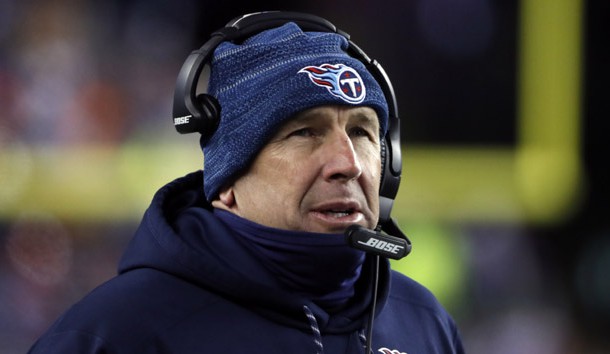 Jan 13, 2018; Foxborough, MA, USA; Tennessee Titans head coach Mike Mularkey reacts during the second quarter against the New England Patriots in the AFC Divisional playoff game at Gillette Stadium. Photo Credit: Winslow Townson-USA TODAY Sports