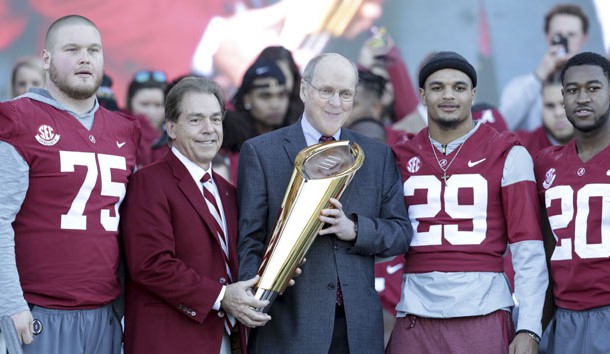 Jan 20, 2018; Tuscaloosa, AL, USA;  Alabama Crimson Tide players Bradley Bozeman (75) and Anthony Averett (28) and Shaun Dion Hamilton (20) pose with head coach Nick Saban and College Football Playoff president Bill Hancock with the trophy at the Alabama Crimson Tide National Championship Celebration at Bryant-Denny Stadium. Photo Credit: Marvin Gentry-USA TODAY Sports