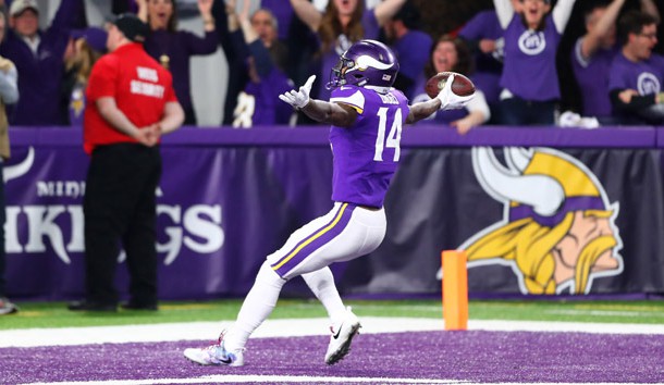 Jan 14, 2018; Minneapolis, MN, USA; Minnesota Vikings wide receiver Stefon Diggs celebrates as he scores the game winning touchdown against the New Orleans Saints at U.S. Bank Stadium. Photo Credit: Mark J. Rebilas-USA TODAY Sports