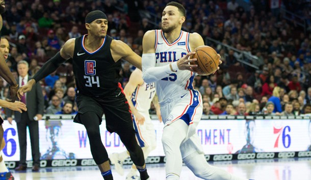 Feb 10, 2018; Philadelphia, PA, USA; Philadelphia 76ers guard Ben Simmons (25) drives past LA Clippers forward Tobias Harris (34) during the first quarter at Wells Fargo Center. Photo Credit: Bill Streicher-USA TODAY Sports