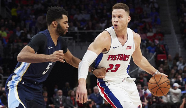 Feb 1, 2018; Detroit, MI, USA; Detroit Pistons forward Blake Griffin (23) dribbles defended by Memphis Grizzlies guard Andrew Harrison (5) in the second half at Little Caesars Arena. Photo Credit: Rick Osentoski-USA TODAY Sports