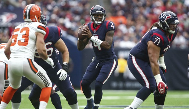 Oct 15, 2017; Houston, TX, USA; Houston Texans quarterback Deshaun Watson (4) looks to pass the football during the first quarter against the Cleveland Browns at NRG Stadium. Photo Credit: Troy Taormina-USA TODAY Sports