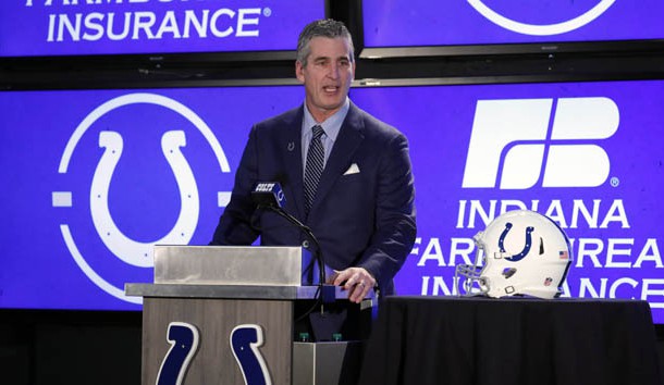 Feb 13, 2018; Indianapolis, IN, USA; Indianapolis Colts coach Frank Reich after being hired as the new head coach speaks for the first time at a press conference at Lucas Oil Stadium. Photo Credit: Brian Spurlock-USA TODAY Sports