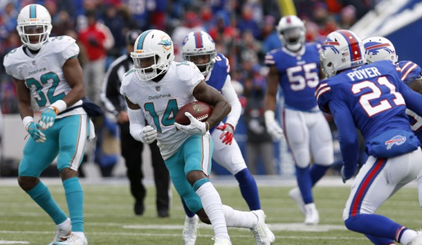 Dec 17, 2017; Orchard Park, NY, USA; Miami Dolphins wide receiver Jarvis Landry (14) runs the ball after a catch during the first half against the Buffalo Bills at New Era Field. Photo Credit: Timothy T. Ludwig-USA TODAY Sports