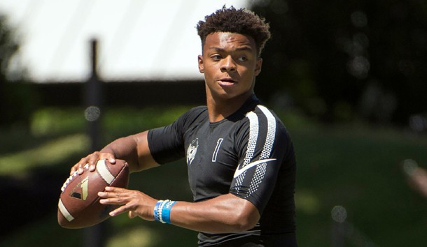 July 4, 2017; Beaverton, OR, USA; High school quarterback Justin Fields (1) throws a pass during the 7 on 7 championship game during The Opening at Nike World Headquarters. Photo Credit: Troy Wayrynen-USA TODAY Sports