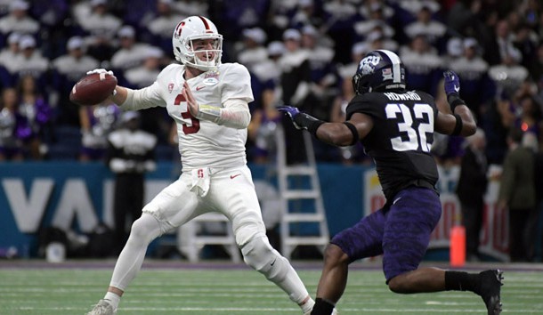 Dec 28, 2017; San Antonio, TX, United States; Stanford Cardinal quarterback K.J. Costello (3) throws a pass under pressure from TCU Horned Frogs linebacker Travin Howard (32) in the 2017 Alamo Bowl at Alamodome. Photo Credit: Kirby Lee-USA TODAY Sports