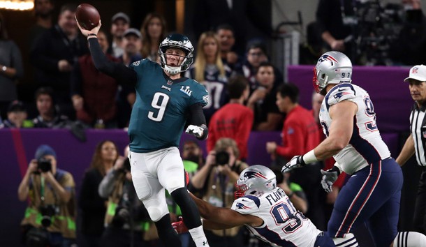 Feb 4, 2018; Minneapolis, MN, USA; Philadelphia Eagles quarterback Nick Foles (9) throws against New England Patriots defensive end Trey Flowers (98) during the second quarter in Super Bowl LII at U.S. Bank Stadium. Photo Credit: Winslow Townson-USA TODAY Sports